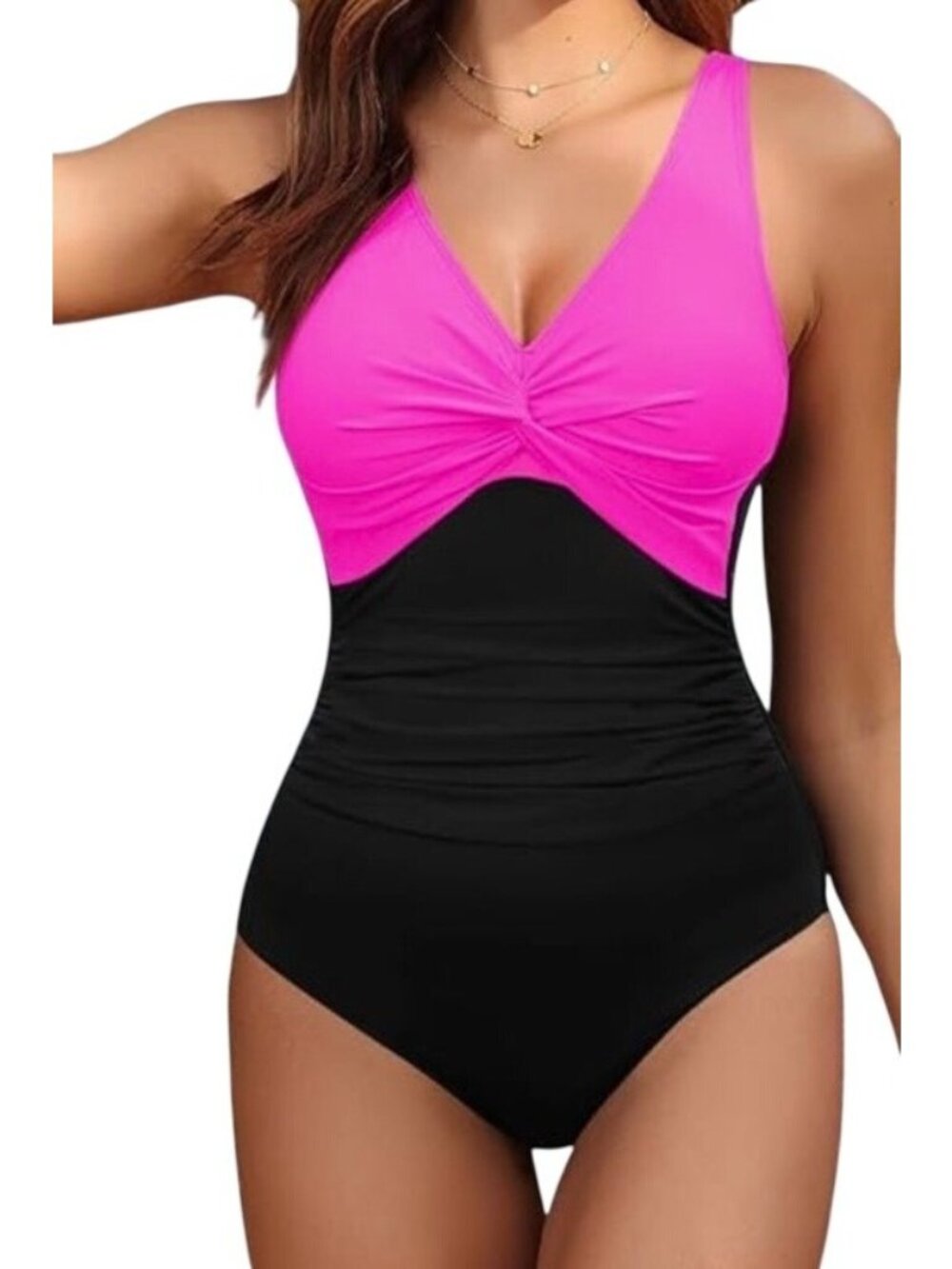 Women Holipick Pink & Black One-Piece V-Neckline Swimsuit Size S